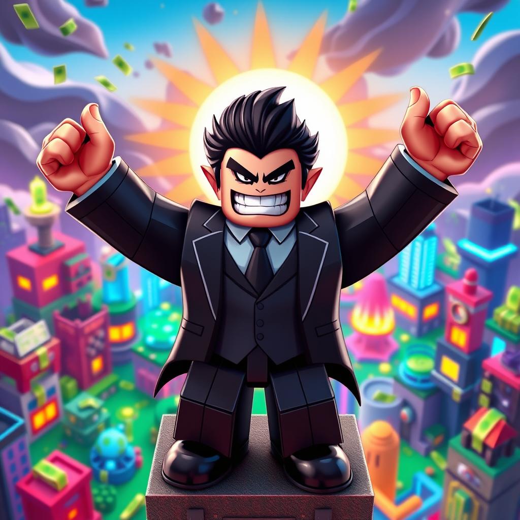 A dynamic and playful Roblox character resembling an evil boss, standing triumphantly on top of a tycoon structure, with a menacing grin