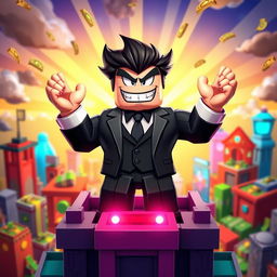 A dynamic and playful Roblox character resembling an evil boss, standing triumphantly on top of a tycoon structure, with a menacing grin