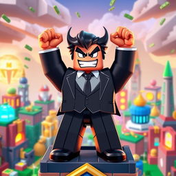 A dynamic and playful Roblox character resembling an evil boss, standing triumphantly on top of a tycoon structure, with a menacing grin