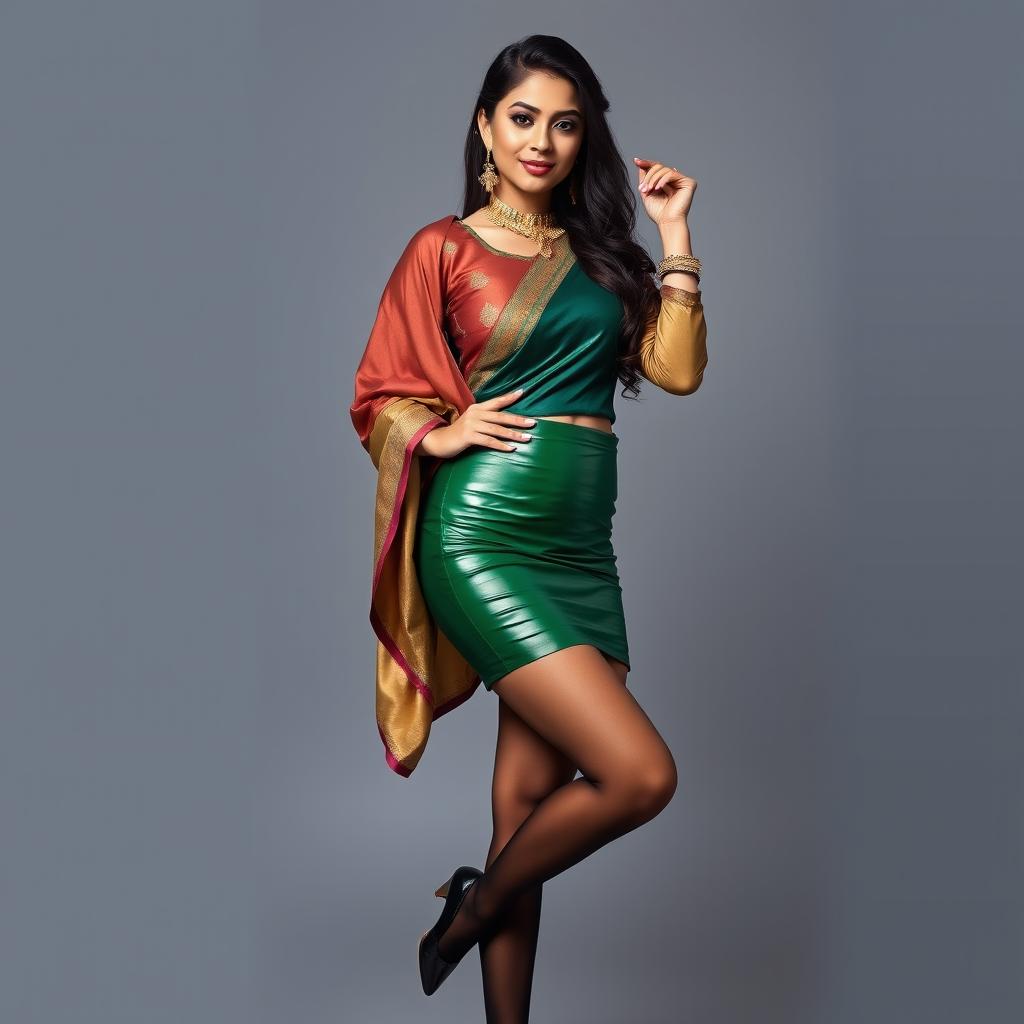 A young Indian woman radiating confidence, dressed in a super tight green latex mini skirt paired with elegant black stockings