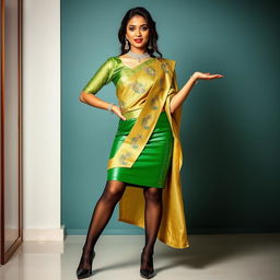 A young Indian woman radiating confidence, dressed in a super tight green latex mini skirt paired with elegant black stockings