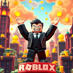 A medium-distance view of a Roblox character designed as an evil rich boss, standing proudly on top of a tycoon structure and raising both hands in a victorious gesture