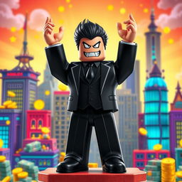 A medium-distance view of a Roblox character designed as an evil rich boss, standing proudly on top of a tycoon structure and raising both hands in a victorious gesture