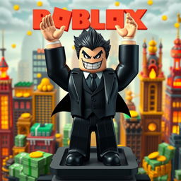 A medium-distance view of a Roblox character designed as an evil rich boss, standing proudly on top of a tycoon structure and raising both hands in a victorious gesture