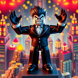 A medium-distance view of a Roblox character designed as an evil rich boss, standing proudly on top of a tycoon structure and raising both hands in a victorious gesture