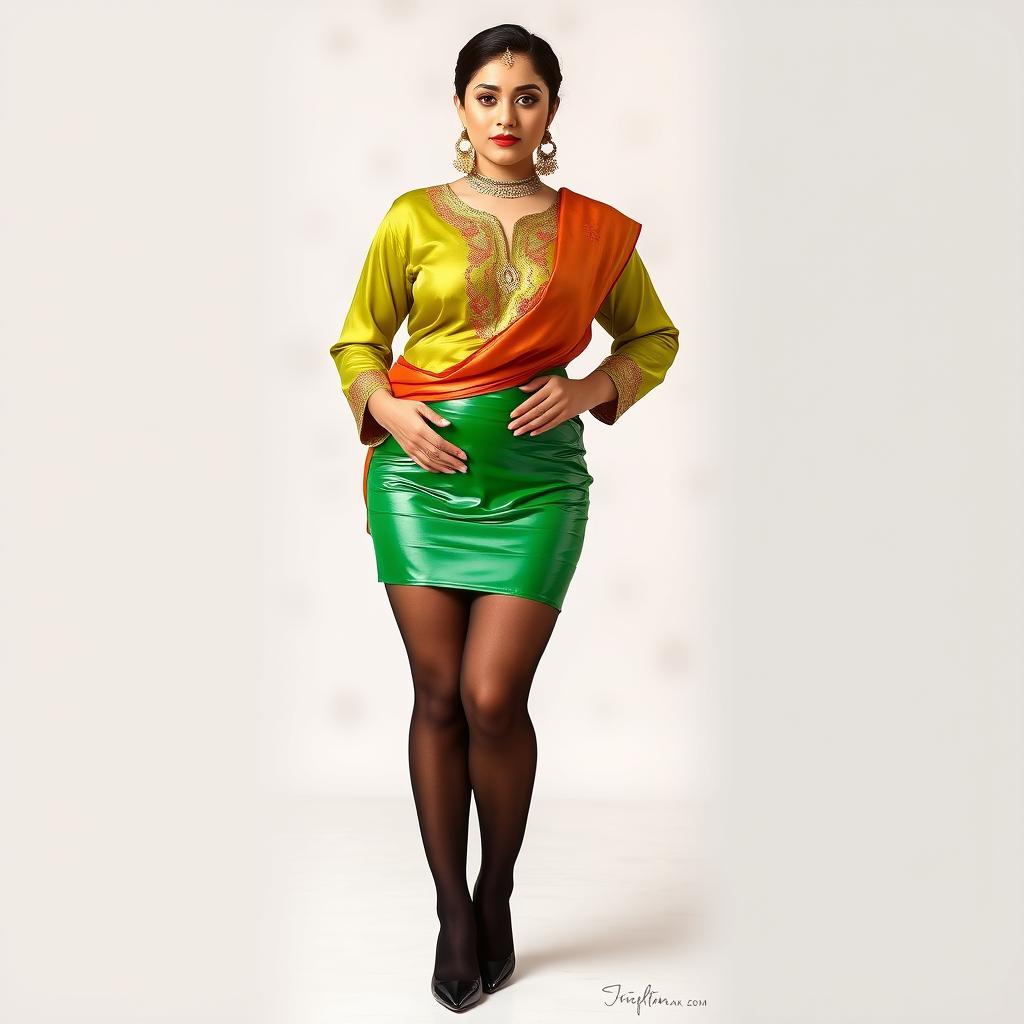 A young adult woman posing confidently in a vibrant green latex mini skirt paired with stylish black stockings