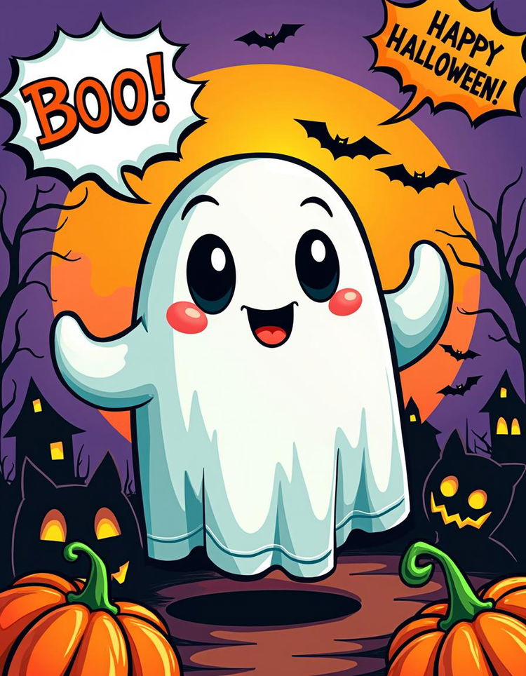 A vibrant pop art style poster depicting a playful Halloween ghost