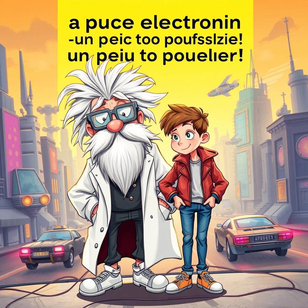 A book cover titled 'La puce électronique un peu trop puissante!' featuring the two main characters: Professor Mouc Mouc, an elderly man with wild white hair and a large white beard, wearing slightly unusual scientific grey glasses and a messy white lab coat, his hair tousled in every direction