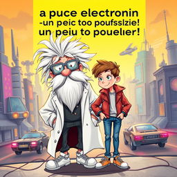 A book cover titled 'La puce électronique un peu trop puissante!' featuring the two main characters: Professor Mouc Mouc, an elderly man with wild white hair and a large white beard, wearing slightly unusual scientific grey glasses and a messy white lab coat, his hair tousled in every direction