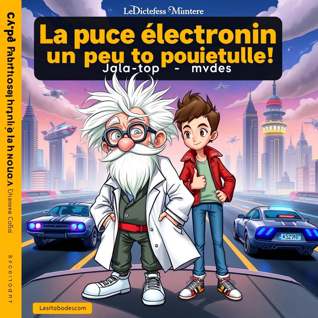 A book cover titled 'La puce électronique un peu trop puissante!' featuring the two main characters: Professor Mouc Mouc, an elderly man with wild white hair and a large white beard, wearing slightly unusual scientific grey glasses and a messy white lab coat, his hair tousled in every direction