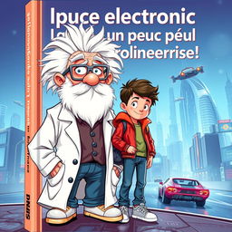 A book cover titled 'La puce électronique un peu trop puissante!' featuring the two main characters: Professor Mouc Mouc, an elderly man with wild white hair and a large white beard, wearing slightly unusual scientific grey glasses and a messy white lab coat, his hair tousled in every direction