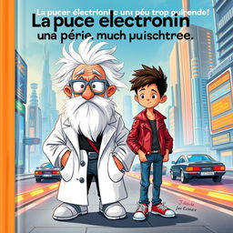 A book cover titled 'La puce électronique un peu trop puissante!' featuring the two main characters: Professor Mouc Mouc, an elderly man with wild white hair and a large white beard, wearing slightly unusual scientific grey glasses and a messy white lab coat, his hair tousled in every direction