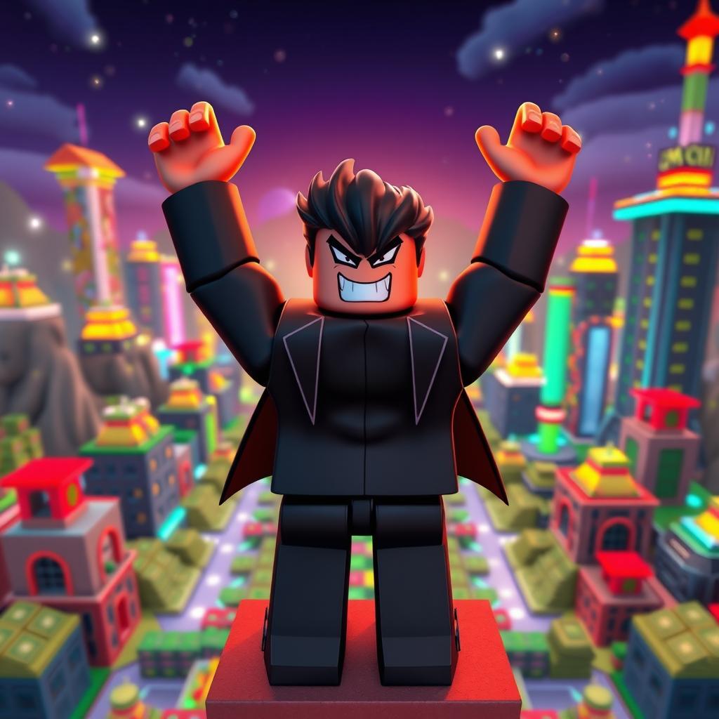 A far-away view of an evil rich boss Roblox character standing triumphantly on top of a tycoon structure, raising both hands up in a celebratory gesture