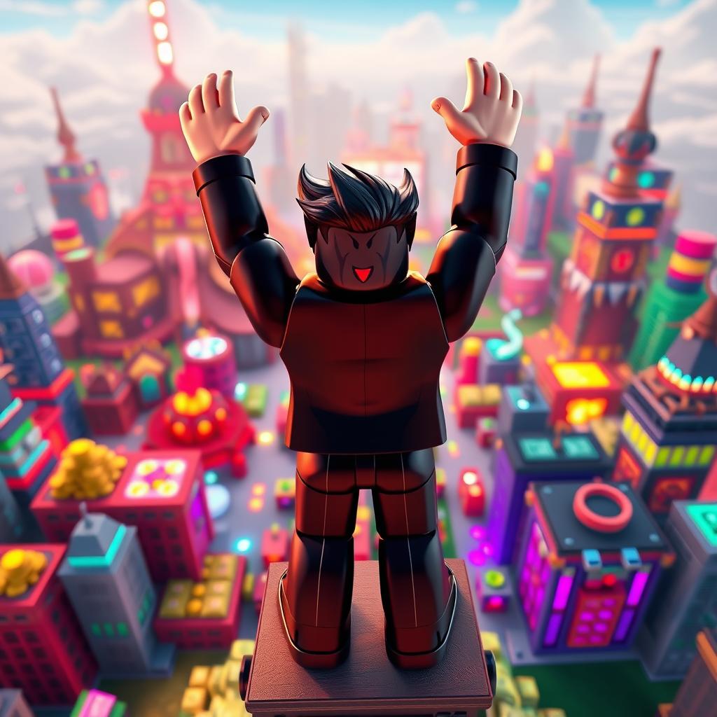 A far-away view of an evil rich boss Roblox character standing triumphantly on top of a tycoon structure, raising both hands up in a celebratory gesture