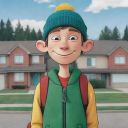 Edd, also known as Double D, from Ed, Edd n Eddy, a smart boy with a ski cap and a gentle smile, standing in front of his iconic suburban neighborhood