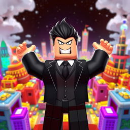 A far-away view of an evil rich boss Roblox character standing triumphantly on top of a tycoon structure, raising both hands up in a celebratory gesture