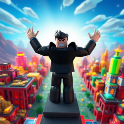 A far-away view of an evil rich boss Roblox character standing triumphantly on top of a tycoon structure, raising both hands up in a celebratory gesture