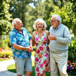 Two elderly men, both in their seventies, are playfully interacting with a laughing white woman, around the same age, in a lighthearted and comedic scene