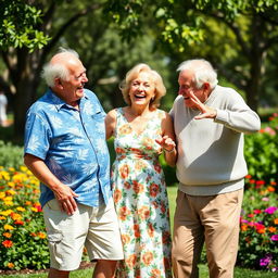 Two elderly men, both in their seventies, are playfully interacting with a laughing white woman, around the same age, in a lighthearted and comedic scene