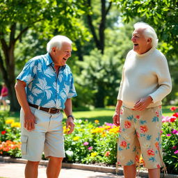 Two elderly men, both in their seventies, are playfully interacting with a laughing white woman, around the same age, in a lighthearted and comedic scene