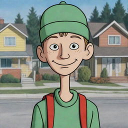 Edd, also known as Double D, from Ed, Edd n Eddy, a smart boy with a ski cap and a gentle smile, standing in front of his iconic suburban neighborhood