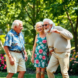 Two elderly men, both in their seventies, are playfully interacting with a laughing white woman, around the same age, in a lighthearted and comedic scene