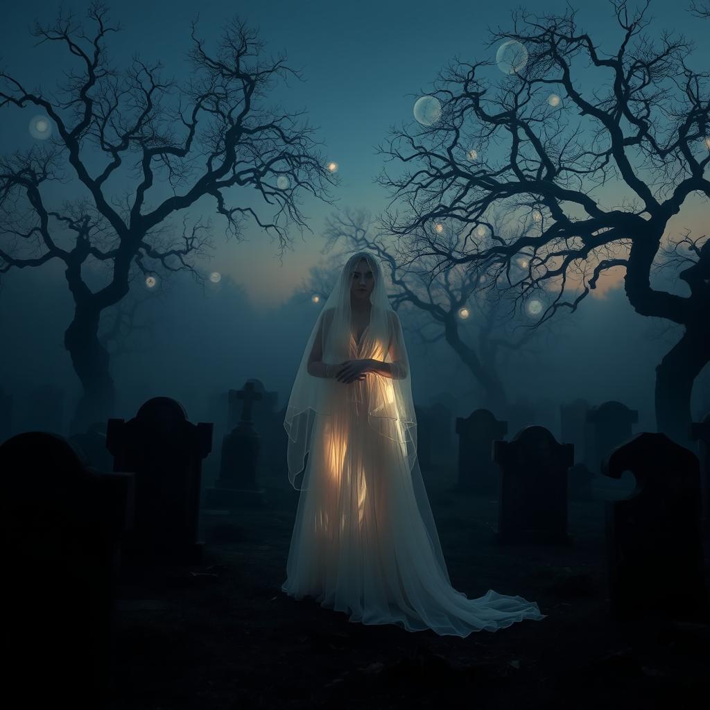 A hauntingly beautiful scene of a ghostly figure standing in a foggy graveyard at twilight