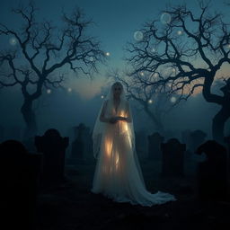 A hauntingly beautiful scene of a ghostly figure standing in a foggy graveyard at twilight