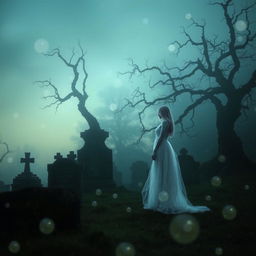 A hauntingly beautiful scene of a ghostly figure standing in a foggy graveyard at twilight