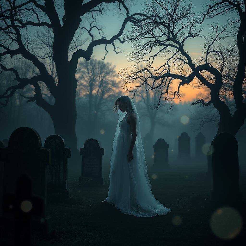 A hauntingly beautiful scene of a ghostly figure standing in a foggy graveyard at twilight