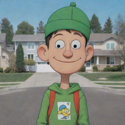 Edd, also known as Double D, from Ed, Edd n Eddy, a smart boy with a ski cap and a gentle smile, standing in front of his iconic suburban neighborhood