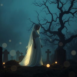 A hauntingly beautiful scene of a ghostly figure standing in a foggy graveyard at twilight