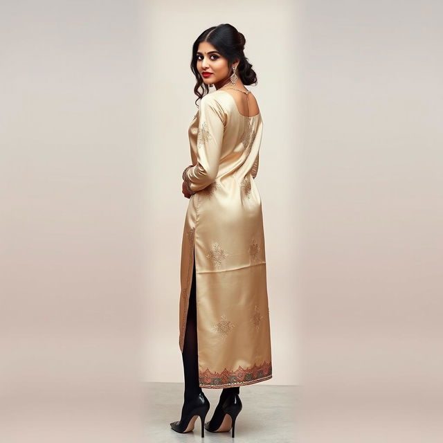 A confident young adult woman posing in an elegant silk kurta, standing with her back towards the viewer to showcase her stylish outfit