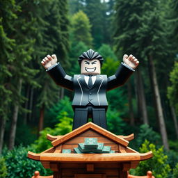 A far-away view of an evil rich boss Roblox character standing triumphantly on top of a wooden tycoon structure, raising both hands up in celebration