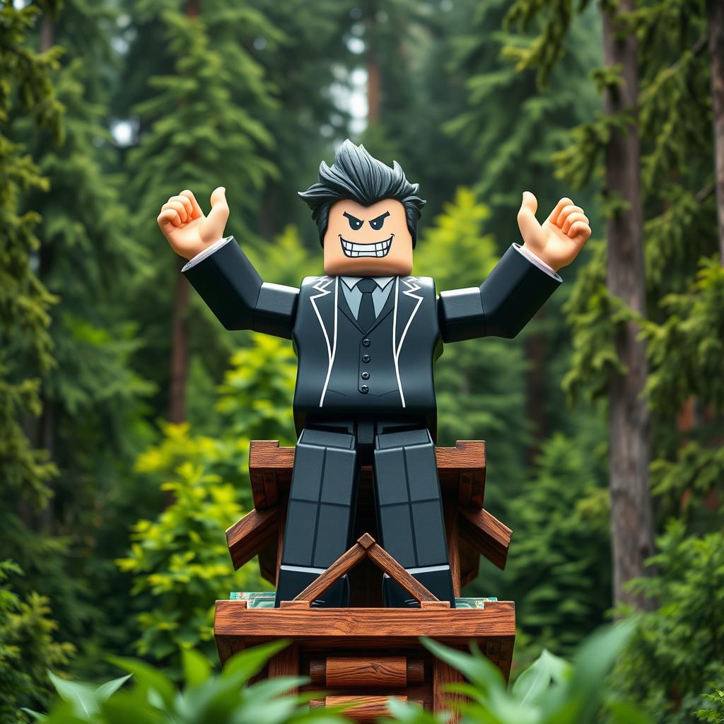 A far-away view of an evil rich boss Roblox character standing triumphantly on top of a wooden tycoon structure, raising both hands up in celebration