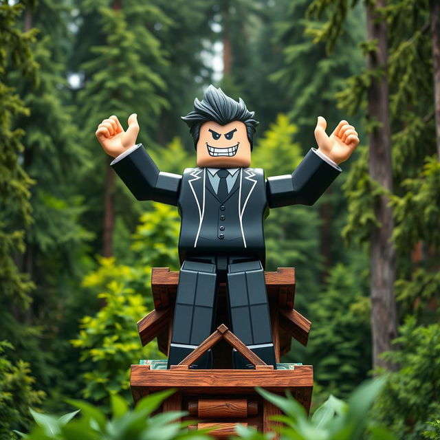 A far-away view of an evil rich boss Roblox character standing triumphantly on top of a wooden tycoon structure, raising both hands up in celebration