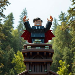 A far-away view of an evil rich boss Roblox character standing triumphantly on top of a wooden tycoon structure, raising both hands up in celebration