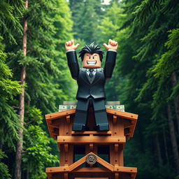 A far-away view of an evil rich boss Roblox character standing triumphantly on top of a wooden tycoon structure, raising both hands up in celebration