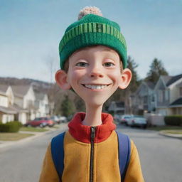 Edd, also known as Double D, from Ed, Edd n Eddy, a smart boy with a ski cap and a gentle smile, standing in front of his iconic suburban neighborhood