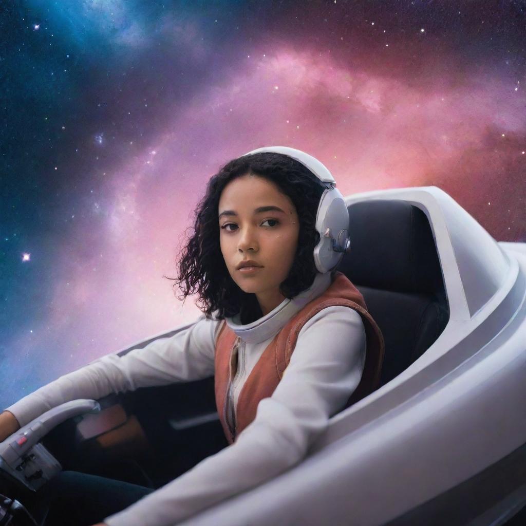 A young, adventurous girl piloting a sleek, futuristic spaceship through a nebula-studded cosmos.