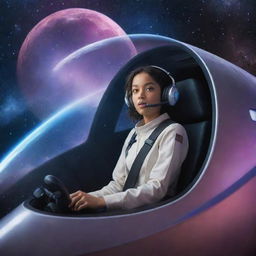 A young, adventurous girl piloting a sleek, futuristic spaceship through a nebula-studded cosmos.