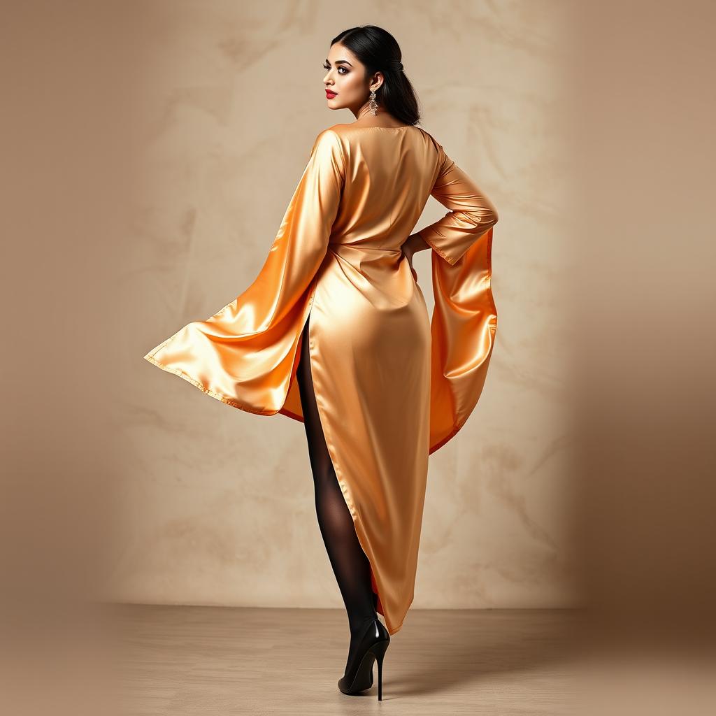 A young adult woman elegantly posing in a luxurious silk satin kurta, her back facing the viewer to reveal the flowing fabric gracefully accentuating her figure