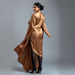 A young adult woman elegantly posing in a luxurious silk satin kurta, her back facing the viewer to reveal the flowing fabric gracefully accentuating her figure