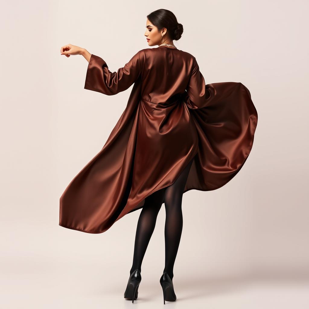 A young adult woman elegantly posing in a luxurious silk satin kurta, her back facing the viewer to reveal the flowing fabric gracefully accentuating her figure