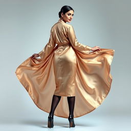 A young adult woman elegantly posing in a luxurious silk satin kurta, her back facing the viewer to reveal the flowing fabric gracefully accentuating her figure