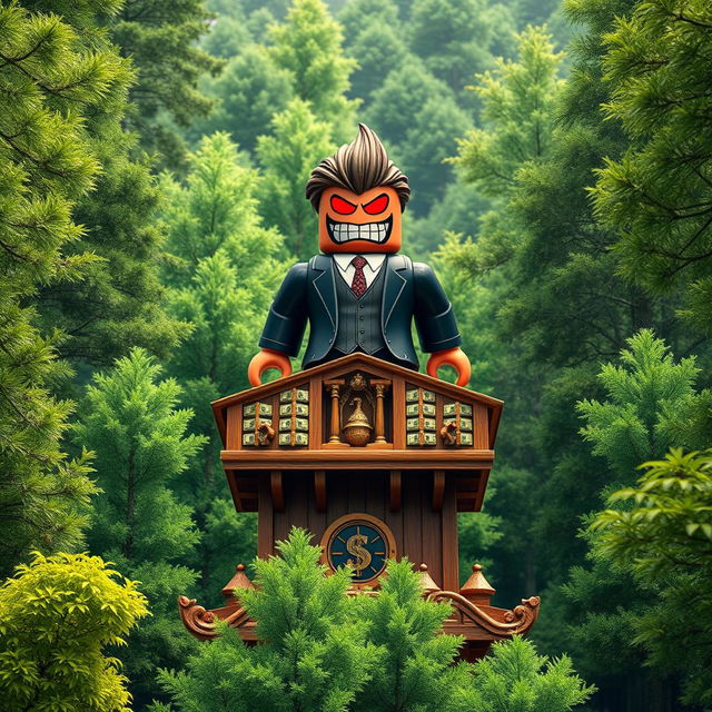 A far-away view of an evil rich boss Roblox character, characterized by the iconic Roblox hands, standing triumphantly on top of a wooden tycoon structure