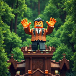 A far-away view of an evil rich boss Roblox character, characterized by the iconic Roblox hands, standing triumphantly on top of a wooden tycoon structure