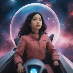 A young, adventurous girl piloting a sleek, futuristic spaceship through a nebula-studded cosmos.