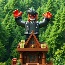 A far-away view of an evil rich boss Roblox character, characterized by the iconic Roblox hands, standing triumphantly on top of a wooden tycoon structure