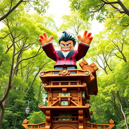 A far-away view of an evil rich boss Roblox character, characterized by the iconic Roblox hands, standing triumphantly on top of a wooden tycoon structure